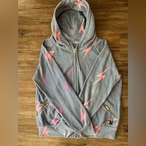 Aviator Nation Bolt Repeat Hoodie Washed Blue and Pink Zip Medium #4